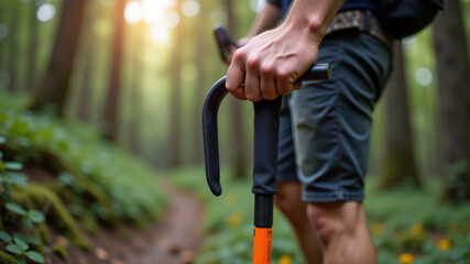 Obraz premium Man's hand holding trekking poles in forest hiking scene