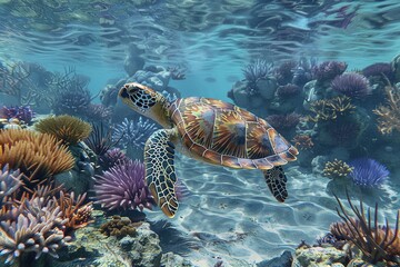 Fototapeta premium Image for 3d water floor. Underwater world. Turtle. corals. (ai generated)