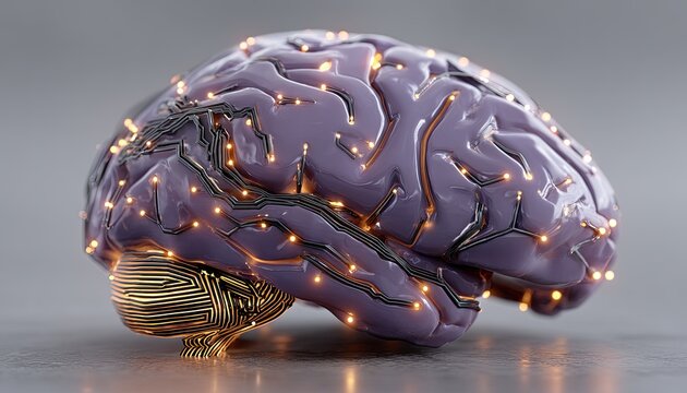 3D model of a brain, glowing with neural circuits