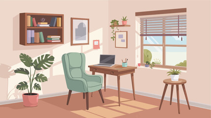 Fototapeta premium Cozy Home Office with Natural Light and Green Plants for Productive Work