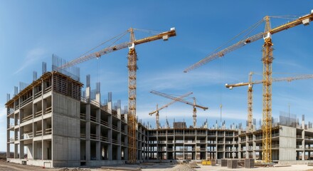 Towering yellow cranes dominate a vast concrete building construction site under a clear blue sky.