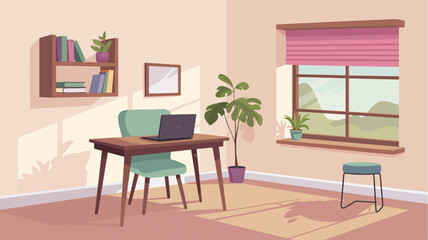 Fototapeta premium Cozy Home Office Space with Desk Chair Laptop Bookshelf and Window View