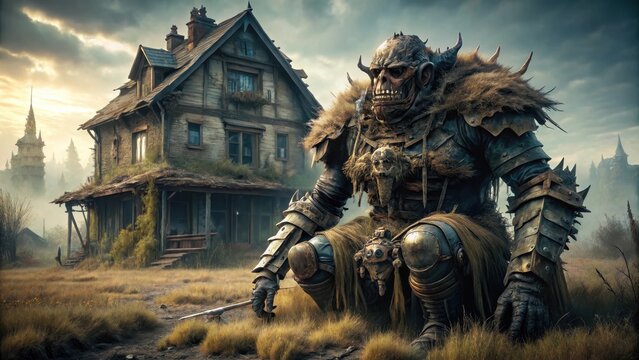 A formidable, armored ogre crouches before a dilapidated house, a desolate landscape stretching behind, hinting at a forgotten tale of conquest and ruin.