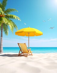 Obraz premium Empty beach chair under yellow umbrella
