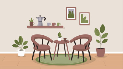 Fototapeta premium Cozy Living Room with Two Chairs a Table and Coffee Maker on a Shelf