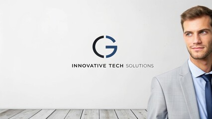 Business Continuity Professional man in a suit stands next to a logo for an innovative tech solutions company.