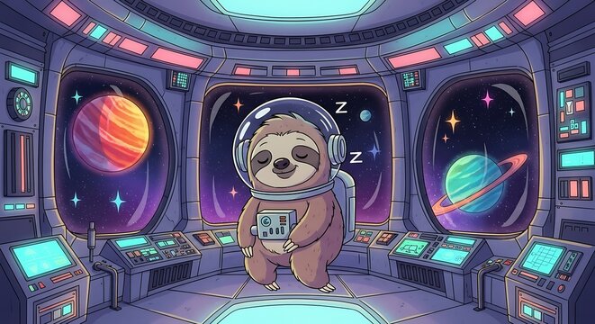 Adorable sloth astronaut sleeping soundly in spaceship with planets visible in the windows, perfect for children's books or cute space-themed designs - Powered by Adobe