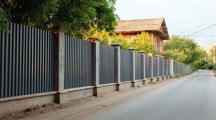 Fototapeta premium A rural scene featuring a metallic fence alongside a dirt road, with trees and a wooden house in the background.