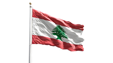 A lebanese flag waving in the wind against a black background on a tall flagpole outdoors