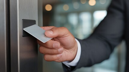 Business executive entering office using access card, security system, modern workplace entry