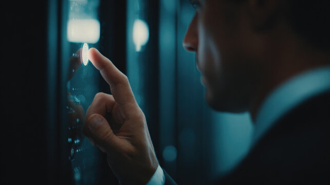 Businessman accessing secure server with fingerprint authentication in dark data center