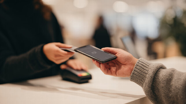 Contactless payment with smartphone at modern counter, secure transaction, blurred background