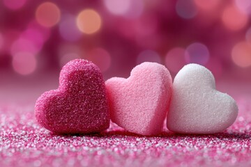 Fototapeta premium Three pink, sugary heart candies sit on glittery pink surface. Perfect for Valentine's Day, love, or sweet treat themed projects.