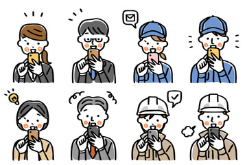 スマートフォンを操作する仕事着の人物のイラストセット＿笑顔