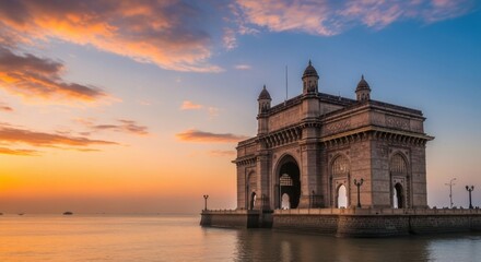 Majestic Gateway of India at Sunset with Fiery Orange Clouds