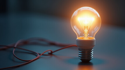 Illuminated lightbulb with wires on dark background
