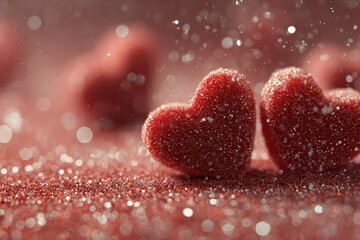 Obraz premium Glittering red heart shaped candies on a background of shimmering sparkles. Perfect for romantic designs, Valentine's Day cards or sweet holiday treats.