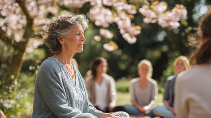 Senior woman meditating outdoors under cherry blossom tree, peaceful group session, spring day