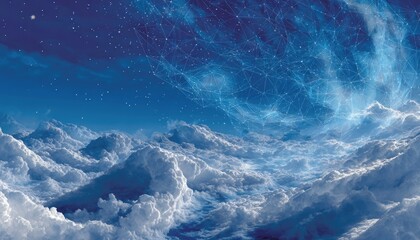 Vast, starry expanse above swirling clouds. Interconnected network