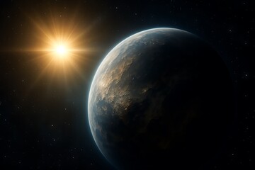 Obraz premium A cosmic view showcases a distant planet illuminated by a radiant star in deep space.