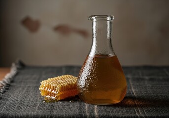 Traditional ethiopian tej honey wine in a glass flask with a piece of fresh honeycomb