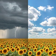 Obraz premium sunflower field and blue sky, Sunflower Field in Storm and Sunshine Split View