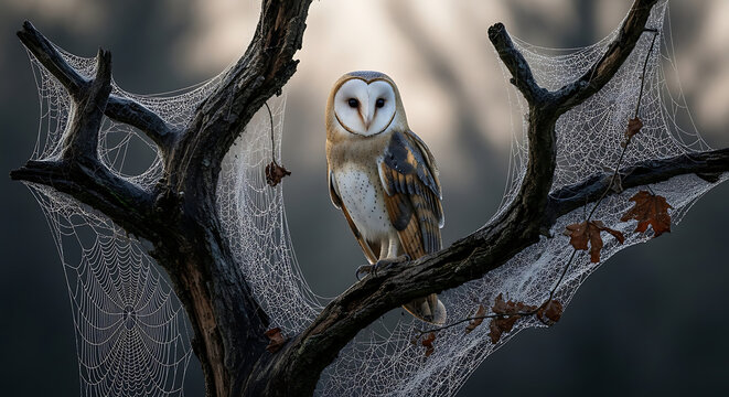 Barn owl perched on a branch covered in spiderwebs in a dimly lit outdoor setting at twilight hour ai generated