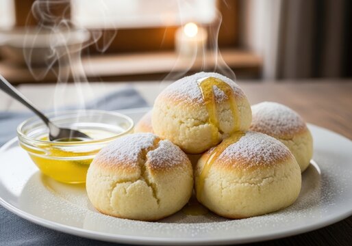 Steaming hot pampuchy yeast dumplings with powdered sugar and melted butter on a plate