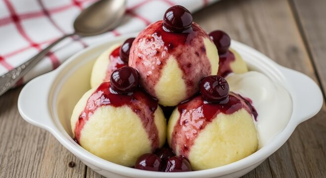 Traditional polish pampuchy steamed dumplings with cherry sauce and sour cream in a bowl