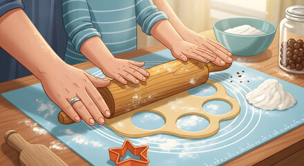 A child and adult are using a rolling pin to flatten dough on a blue mat, preparing to cut out shapes for baking cookies.