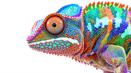 Vibrant Rainbow Chameleon Close-Up with Brightly Colored Skin on White Background
