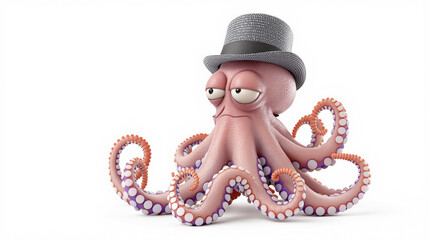 Stylish 3D Cartoon Octopus Character in a Grey Top Hat