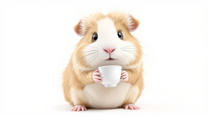 Adorable Pet Guinea Pig Holding Tiny White Teacup on Clean Background