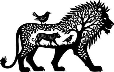 Fototapeta premium Lion and Trees Silhouette Line Art | Black and White Vector Illustration