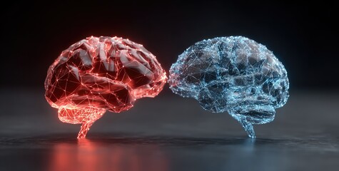Two glowing, contrasting brains, digitally rendered, facing each other
