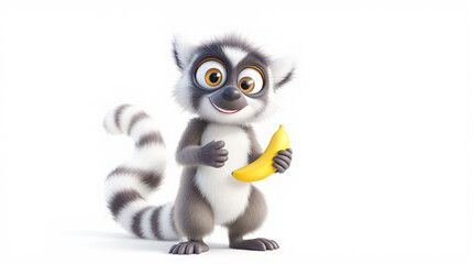 Happy Cartoon Ring-Tailed Lemur Character Holding a Banana on White Background