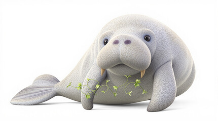 Adorable 3D Cartoon Manatee Character with Green Plants on White Background