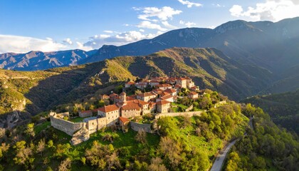 Fototapeta premium Landscape view of a picturesque European mountain village with a church and houses, overlooking the sea