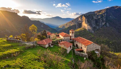 Landscape view of a picturesque European mountain village with a church and houses, overlooking the sea