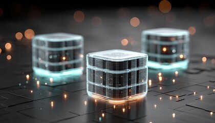 Three glowing, cubed servers on a dark, detailed surface