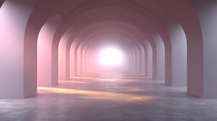 Obraz premium A long, arched passageway illuminated by light at the far end.