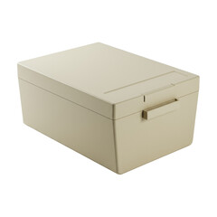 A clean, vintage beige floppy disk storage box for 3.5-inch disks, with a hinged lid and latch, pristine and well-preserved, isolated on a stark white studio background. Commercial retro tech concept