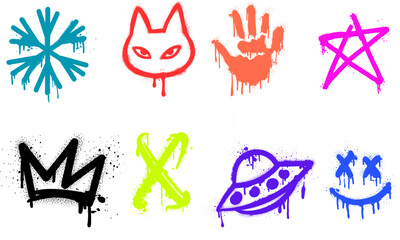 Graffiti Spray Paint Icon Set – Street Art Symbols with Cat, UFO, Crown, Star, and Smiley Face Designs