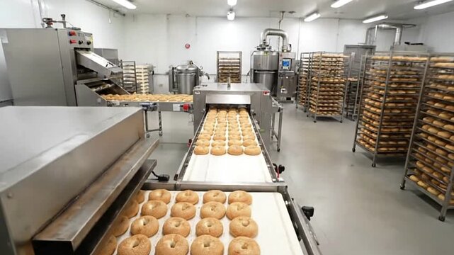A bakery line showcases bagels moving on conveyor belts amidst baking equipment and storage racks