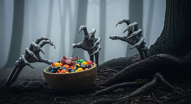 Spooky halloween scene with skeleton hands reaching for a bowl full of colorful candy in a dark forest ai generated