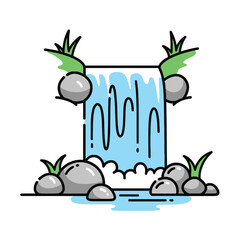 A stylized vector icon of a waterfall cascading over rocks, surrounded by small patches of green grass.