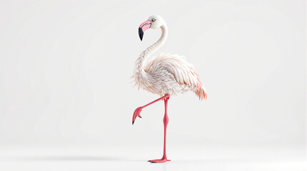 Pink Flamingo Standing on One Leg, Isolated on White Background