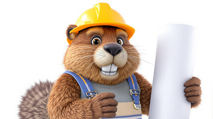 Smiling Beaver Mascot in Hard Hat Holding Construction Plans