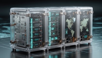 Transparent server racks, futuristic design. Clear enclosures house multiple server units with glowing components, digital displays, and world maps