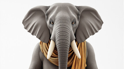 Majestic Elephant-Headed Figure in Golden Drape on White Background, Symbolic Digital Art